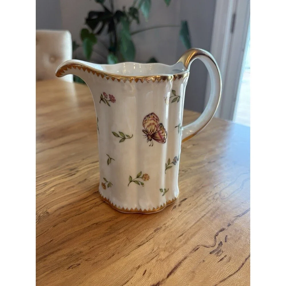 Vintage Godinger & Co. Primavera Porcelain Butterfly White Pitcher Gold Trim 7